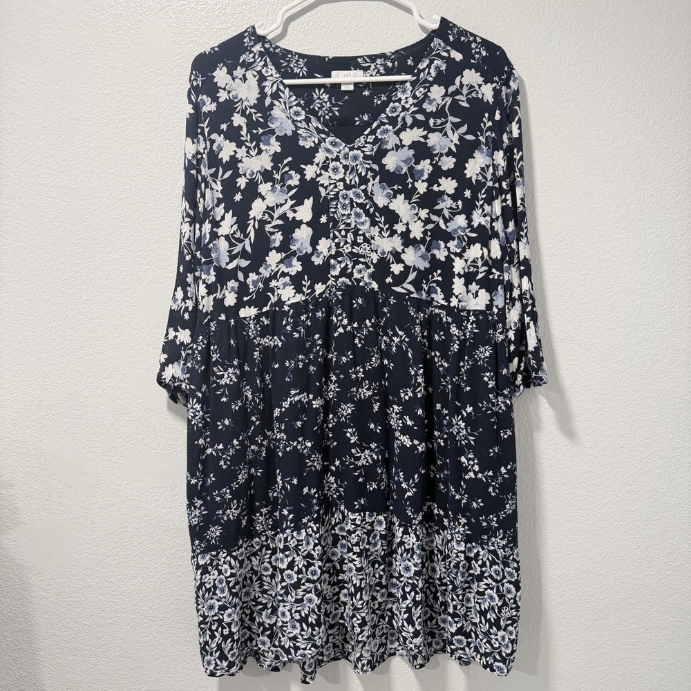 J.Jill Size-L Womens Dress Floral Gauzy Tiered BOHO Peasant Blue